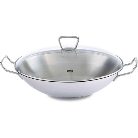 Wok en Acier Inoxydable Ø 36 cm, Grande Poêle Non Revêtue, Poêle Asiatique avec Couvercle en Verre, avec Insert à Grille, Tout Type de Feu – Y Compris l’Induction (1/5)