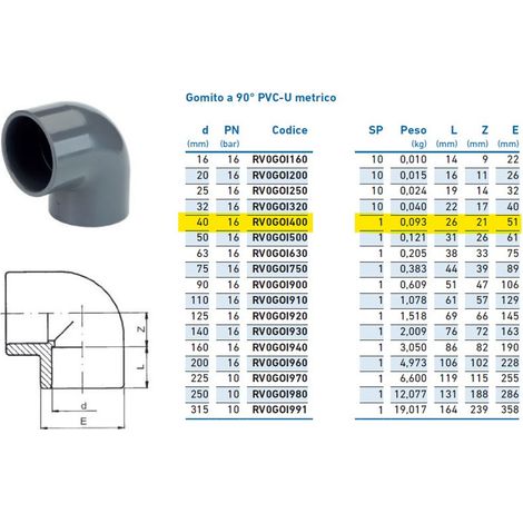 Gomito a 90° PVC-U metrico ø40 PN16 per incollaggio INPFGO140000 - -  IRRITEC - -