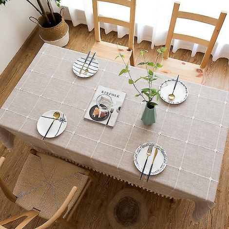 nappe rectangulaire à carreaux carrés en coton et lin uni, à franges