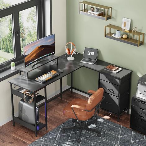 L-förmiger Gaming-Eckschreibtisch, 142×118 cm, mit Schubladen, Steckdose sowie USB-Anschluss, platzsparender Computertisch mit Stauraum, passend für Homeoffice und Schlafzimmer, Schwarz (1/5)