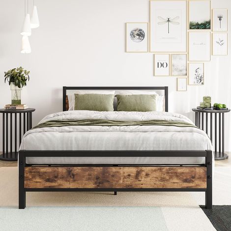 Lit double 140 x 200 cm avec sommier à lattes en métal et bois - 140 x 190 cm - Lit d'appoint avec espace de rangement - Pour chambre à coucher, chambre d'amis, en métal, marron (1/5)