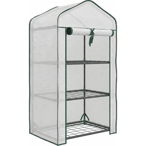 Serre de jardin 3 étagères, 59x39x127 cm, métal laqué vert, voile PE haute densité 140g/m², blanc (1/5)