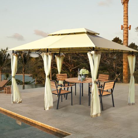 COSTWAY 3,9x2,9m Gartenpavillon Metall, mit abnehmbaren 4 Seitenwaenden,Pavillon Partyzelt Beige (1/5)