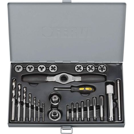 Set maschii e filiere m3-m12 in acciaio al tungsteno 27 pz Fervi m029