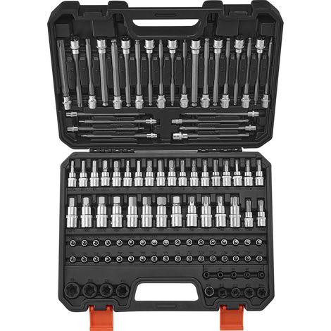 VEVOR Set di Bussole 107 Pezzi SAE e Metriche, Esagonali/Torx/Torx Esterne, Acciaio Legato S2 e Acciaio Cr-V, Attacchi 0,63/0,95/1,27 cm con Custodia di Stoccaggio Migliorata, Uso Manuale