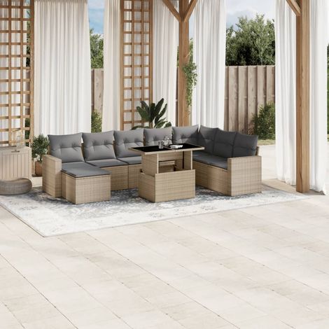 Salon de Jardin 9 Places en Résine Tressée Beige avec Coussins Gris - Table Réglable Hauteur, Meuble Extérieur Modulaire (1/5)