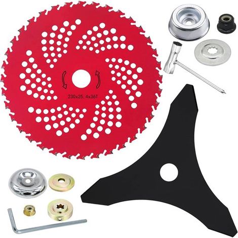Ensemble de lames de scie en alliage rouge de 9 pouces pour débroussailleuse – Comprend une lame à 3 dents et le matériel de montage accessoire universel pour le débroussaillage, le désherbage et les (1/2)