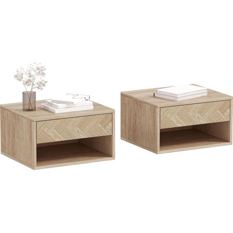 Ensemble de 2 tables de chevet suspendues avec tiroir et compartiment pour chambre à coucher 37x32x21 cm Naturel (1/5)