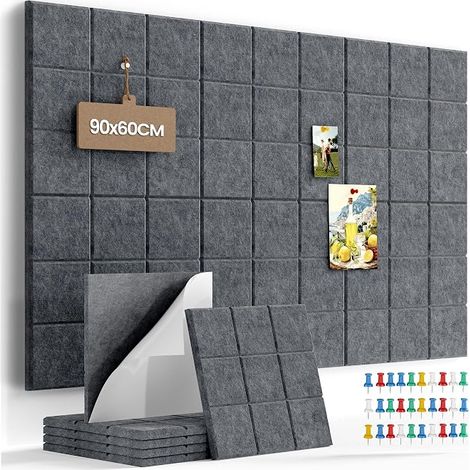 Adhesive Felt Wall Board, 6 Panels, 30 x 30 cm, Modular Without Drilling, Non-Trace, Decorative Notice Board with 30 Tacks, for Home, Office, School and Bedroom, Dark Grey