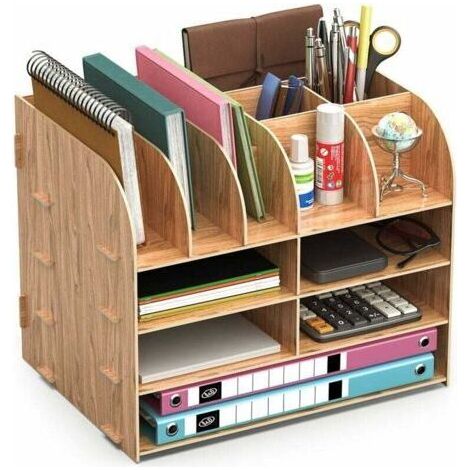 Organiseur de bureau en bois, ensemble de rangement de bureau Lesfit-design, organiseur de bureau multifonctionnel pour stylos, crayons, accessoires de papier A4 (32 × 24 × 27 cm) (1/5)