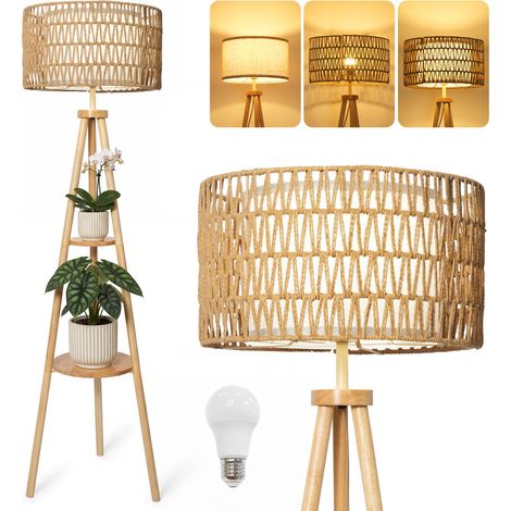 Lampadaire Trépied avec 2 Étagères – Double Abat-jour Rotin et Tissu, Style Boho Scandinave, Douille E27, Interrupteur au Pied, H 154 cm, pour Salon et Chambre (1/5)