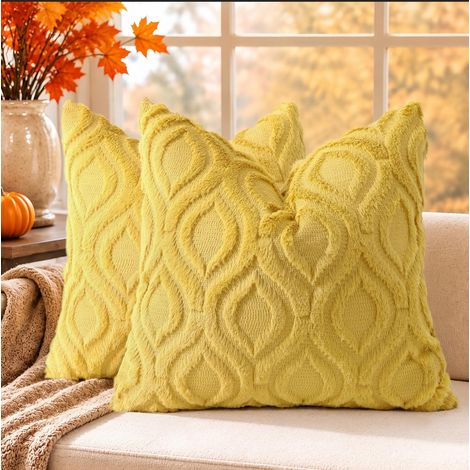 Lot de 2 Housses de Coussin carrées en Fausse Fourrure de Style bohème Neutre pour canapé, 45 x 45 cm, Jaune Moutarde (1/5)