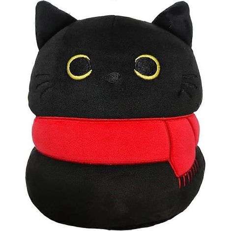 Schwarze Katze mit Schal, originelles, katzenförmiges Plüschtier, weiches Kissen, süßes Geschenk für Freundin, Kind oder Baby, 22 cm (1/5)
