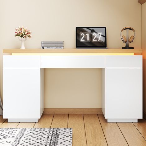 Bureau informatique 140 x 50 x 78 cm avec led rgb - table de travail moderne coiffeuse, 3 tiroirs, 2 portes, étagères réglables - style scandinave - mdf - blanc, chêne (1/5)