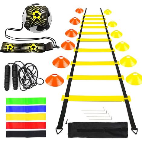 Kit d'entraînement de Football, Échelle de Rythme 6m, 12 Cônes de Disque, 1 Corde à Sauter, 1 Kick Entraîneur Solo, 5 Bandes de Résistance, Cadeau de Football pour Enfants et Adultes (1/5)