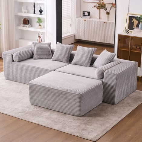 Section transversale modulaire avec fauteuil lounge en forme de L, canapé nuage, canapé moelleux pour salon ou chambre - aucune installation requise - tissu chenille (gris) (1/4)