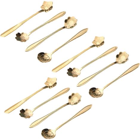 12pcs Mignon Fleur en acier inoxydable Cuillère à café Dessert Cuillère à café Cuillère Golden Sakura (1/5)