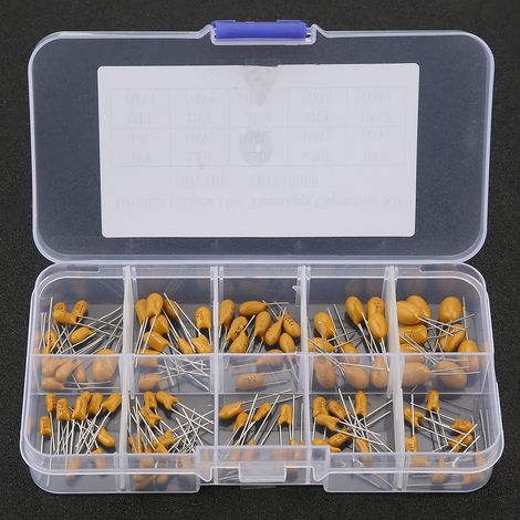 Set mit 100 verschiedenen Tantal-Kondensatoren (10 Werte, 16 V, 1 µF bis 100 µF) mit Schachtel. (1/5)