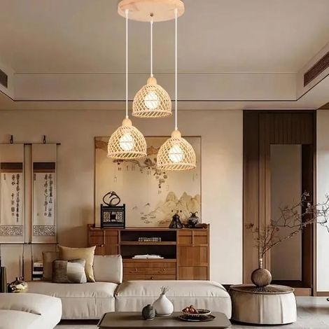 3 Lustres Suspension Industriel Vintage Cage Lampe Plafonnier en Bois et Bambou Abat-Jour Design Spirale pour Salon (1/5)