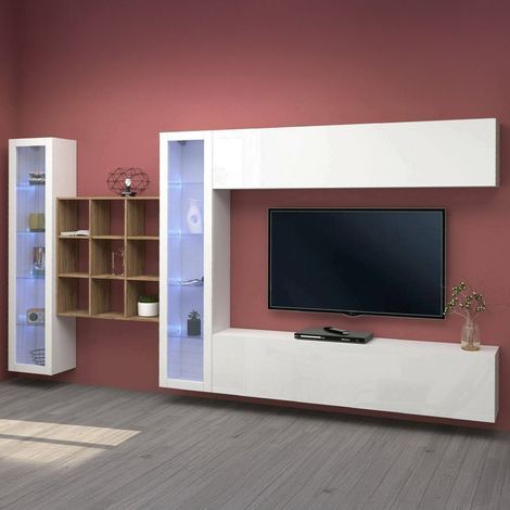 Dmora - Pared Equipada Dfancon, Conjunto de salón Mueble TV con 4 puertas, Mueble de salón polivalente con vitrina y luz LED, 100% Made in Italy, cm 350x30h180, Blanco brillo (1/5)