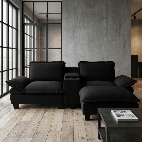 Sofá modular en L 224x151x90 cm negro en chenilla con almacenaje, USB, portabebidas y otomana (1/5)