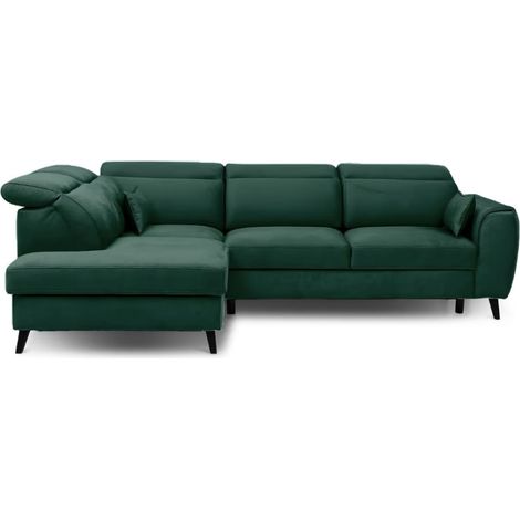 Canapé d’angle convertible NOBLESSE en velours avec coffre et pieds en bois noir – 265cm angle gauche-Vert foncé-angle gauche (1/5)