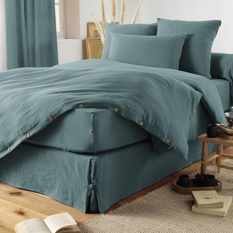 Housse de couette double gaze de coton bleu canard 140x200 cm (1/2)