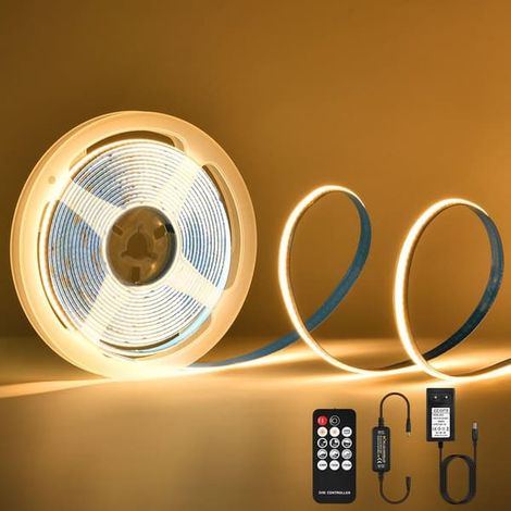 Ecleanfy - Bande LED COB 5 m 3000 K 24 V blanc chaud avec télécommande / Étanchéité IP30 / 1600 LED / Bande LED dimmable de 8 mm de large pour chambre 3000 K (1/5)