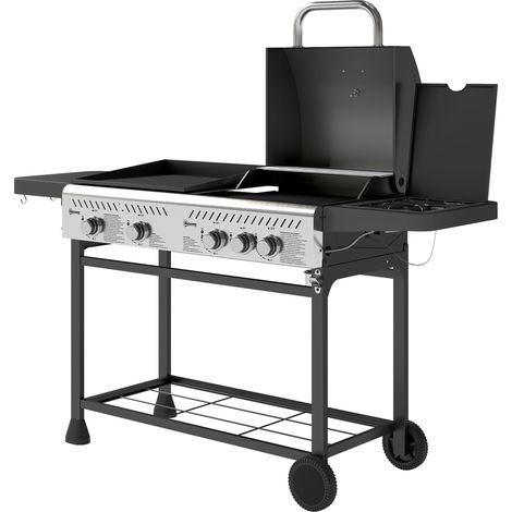 Barbecue à gaz avec plaque de cuisson et brûleur, couvercle avec thermomètre et étagères, régulateur et tuyau inclus, noir (1/5)