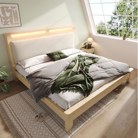 MEUBLIV Cama 140x200 cm beige y roble claro – LED y almacenamiento, con colchón (1/5)