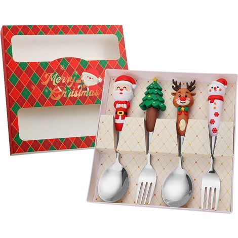 Juego de 4 cucharas y tenedores navideños: árbol de Navidad, Papá Noel, muñeco de nieve, reno, tenedores de té, tenedores de sopa, tenedores de café, cucharas para mezclar, tenedores de ensalada de fr (1/5)