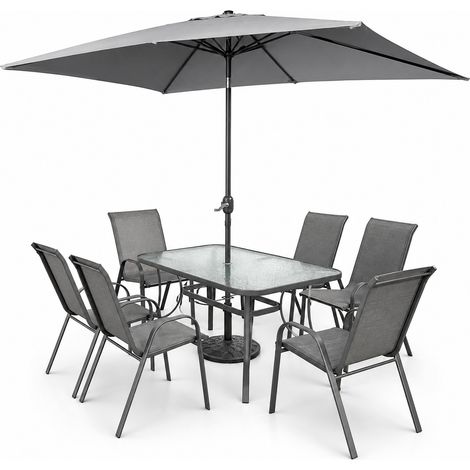 Set Da Giardino Completo Con Tavolo In Vetro Temperato 6 Sedie E Ombrellone Rettangolare 2 X 3 Metri Per Terrazza Patio Piscina E Pranzi All Aperto Arredo Outdoor 150 X 90 X 71 Cm Grigio (1/5)