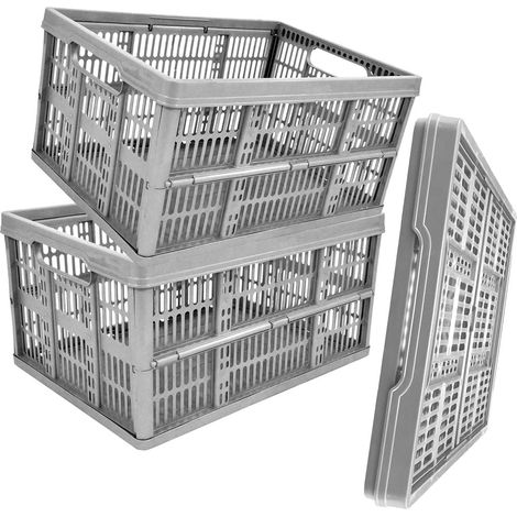 2 x Grey 32L Plastic Folding Veg Crate Boxes With Handles Collapsible, Foldable & Stackable