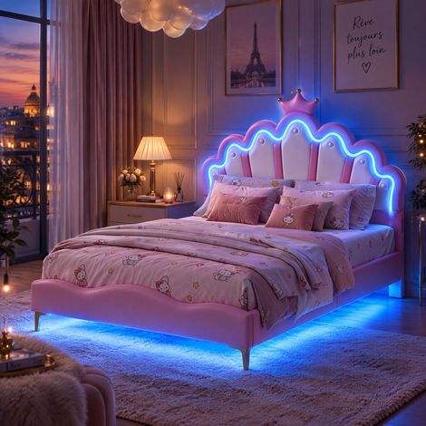 JOOKGBD–Lit enfant 140x200 cm,lit princesse,lit double,lit rembourré,tête de lit en forme de couronne,LED réglable,tête réglable en hauteur,sommier à lattes,PU,rose