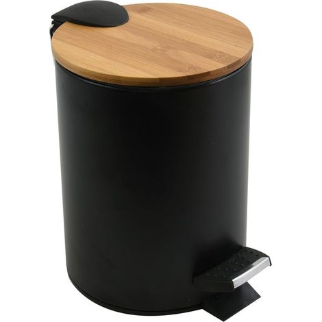 Poubelle de salle de bain à pédale ADONIS en acier inoxydable, couvercle en bambou, fermeture amortie, bac intérieur inclus (1/3)