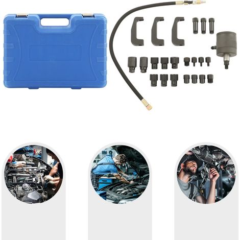 Extractor de inyectores diésel de 24 piezas, color azul, juego neumático con martillo neumático, manguera, extractor de inyectores neumáticos para taller
