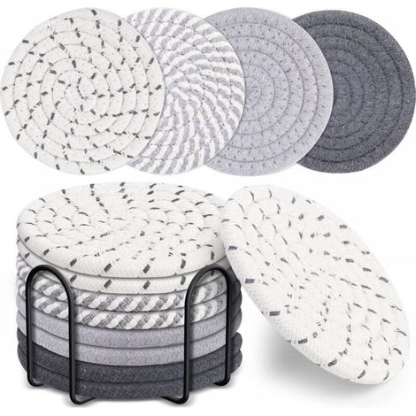 Ensemble de sous-verres ronds bohèmes en coton gris pour table à manger, coussin isolant épais, tapis rond pour thé (avec support), 8 pièces (1/5)