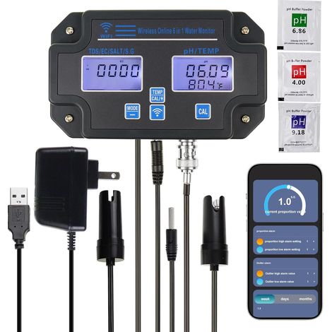 Moniteur de l'Eau 6 en 1 Teste le pH, le TDS, l'EC, la Salinité, la Densité Relative et la Température Capteur Intelligent Wi-Fi avec Application et Enregistrement des Données (1/5)