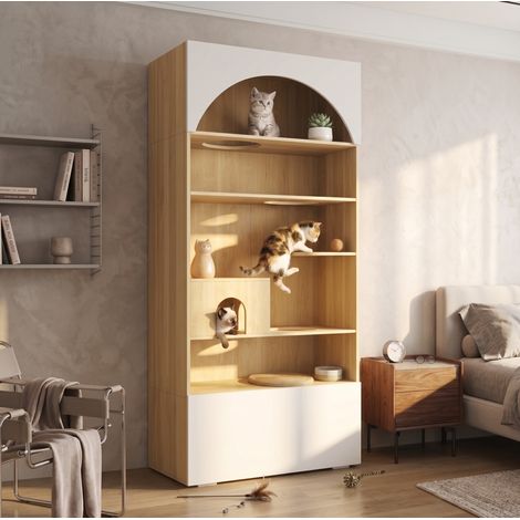 Mobile per gatti con cuccia e parete da arrampicata, 90x50x202 cm, bianco effetto legno DESVIAE (1/5)