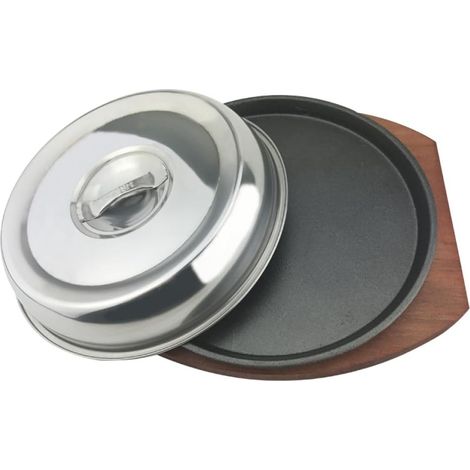Teller aus Eisen mit Holzbrett und Deckel Rund