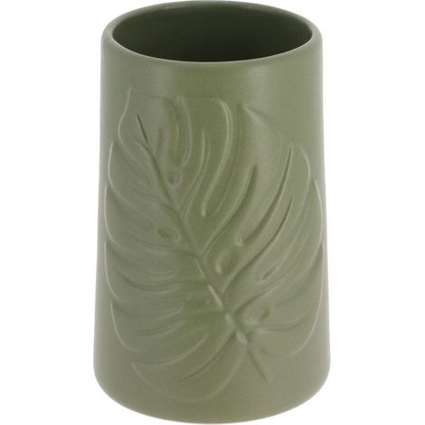 Taza redonda de gres con decoración de hojas - caqui - Tendance