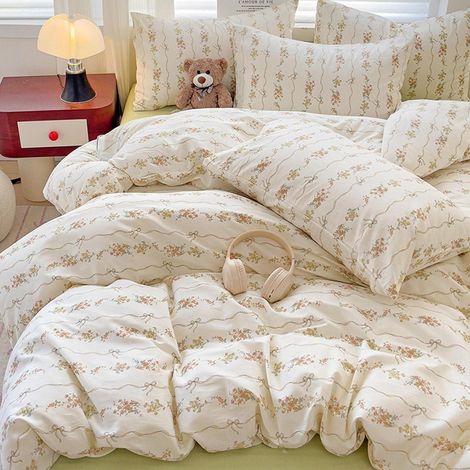 Ensemble de literie 220x240cm 3 pièces Crème blanc Fleurs Rubans Microfibre Öko-Tex