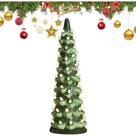 Sapin de Noël rétro peint à la main avec minuterie, arbres de Noël en céramique qui s'allument, sapin de Noël de table avec lumières LED, pour décoration festive de table (lumières chaudes, 30 cm) (1/5)