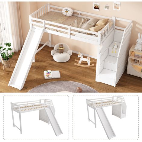 Lit superposé 90x200 cm, lit enfant blanc avec toboggan, échelle latérale amovible, barrière de sécurité démontable, certifié EN747, sans matelas (1/5)