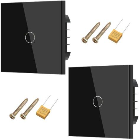 2 pièces interrupteur d'éclairage tactile, interrupteur d'éclairage mural, standard 110 V-240 V, plaque de cristal durci avec rétroéclairage LED, 1 compartiment 1 voie(Noir) (1/5)