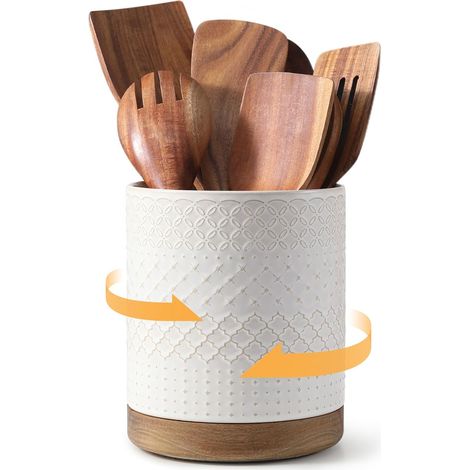 Porte-ustensiles de cuisine rotatif en céramique Beige avec relief Grand récipient pour cuillères de cuisine (1/5)