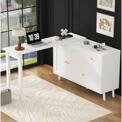 Mesa escritorio giratoria de aglomerado blanco 120 x 40 x 74,5 cm, 2 en 1 con almacenaje (1/5)