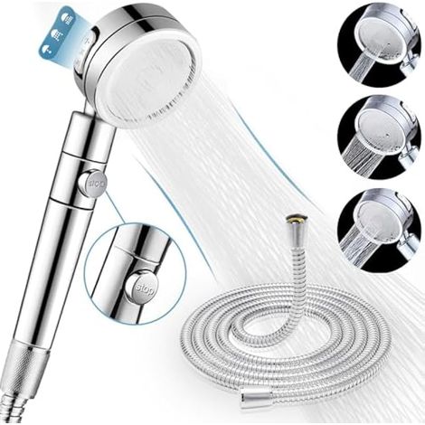 Pommeau de douche à main, 3 modes de jet haute pression + flexible 2m, pommeau puissant pour augmenter la pression, économiseur d'eau avec rotation 360°/bouton stop, chromé (1/5)