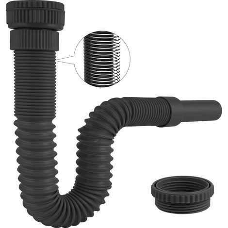 Siphon Lavabo de Bain, Siphon Flexible Anti-Odeurs Avec Fil d'Acier Encastré, G1 1/4" vers G1 1/2" (≈40 & 45mm) x 32mm, Siphon Evier Cuisine, Evacuation Evier, Tuyau de Vidange Flexible,Noir (1/5)