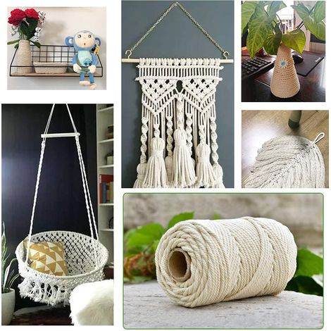 Kit de suspension pour plantes DIY : 109 yards de corde macramé naturelle de 3 mm, 60 perles en bois, 6 anneaux en bois et 4 bâtonnets en bois. (1/5)